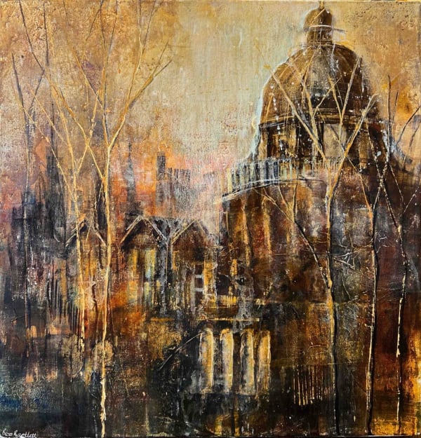 Bee Bartlett mixed media on canvas semi-abstract Oxford landscape showing Oxford rooftops in deep amber tones