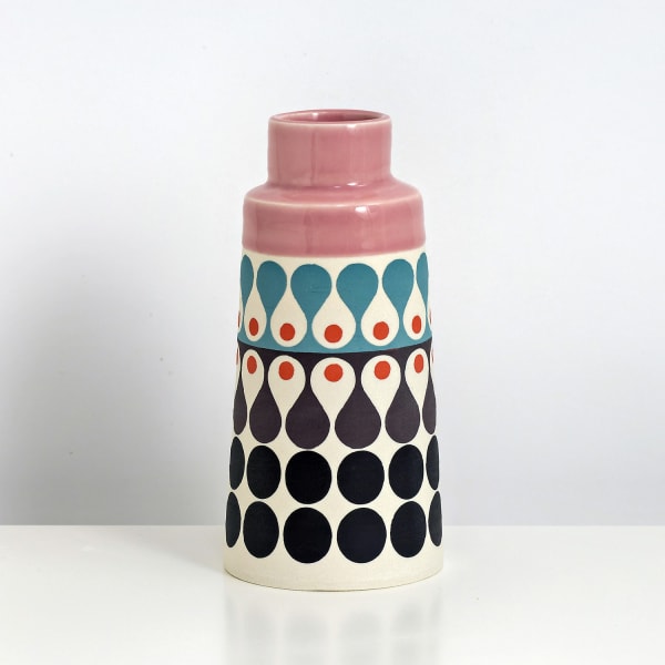 MapMap ceramic cone bottle vase with scandi-inspired stencil design in pink, purple and blue