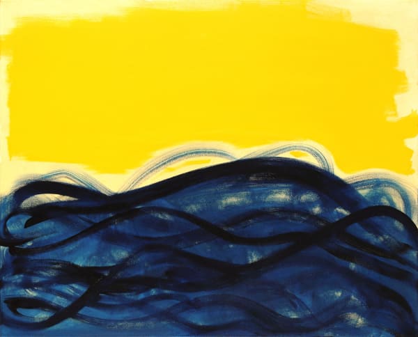 Henrietta Dubrey abstract painting, composed with a variety of mark making, the canvas split into yellow and blue