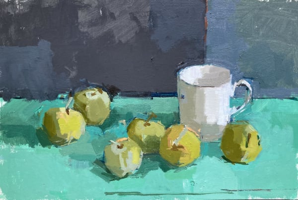 Sarah Spackman still life painting with figurative brush strokes of 6 green apples nonchalantly places around a white mug. The surface is painted in shade of turquoise and the background steel greys.