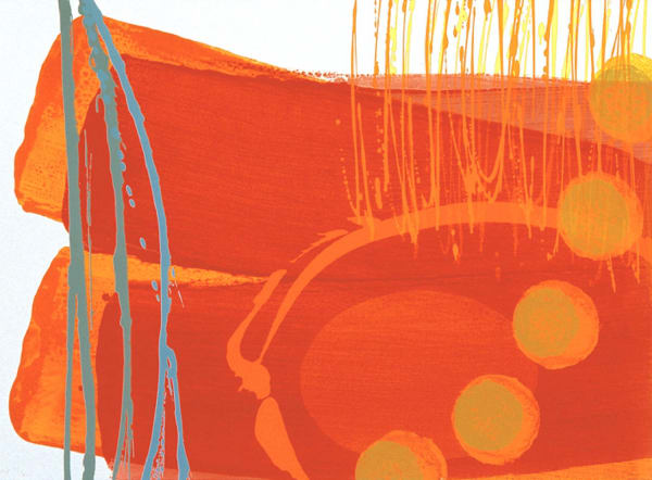 Charlotte Cornish abstract Silkscreen in layers of red, orange, yellow & blue, each layer in a unique 'poured' shape