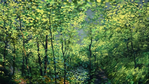 Jim Whitty woodland painting, a summer storm illuminates the woodland, turning the leaves bright green and the sky grey
