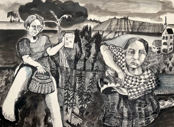 Charlie O'Sullivan landscape pencil drawing of two figures, one holding a basket, sat next to an allotment style garden.