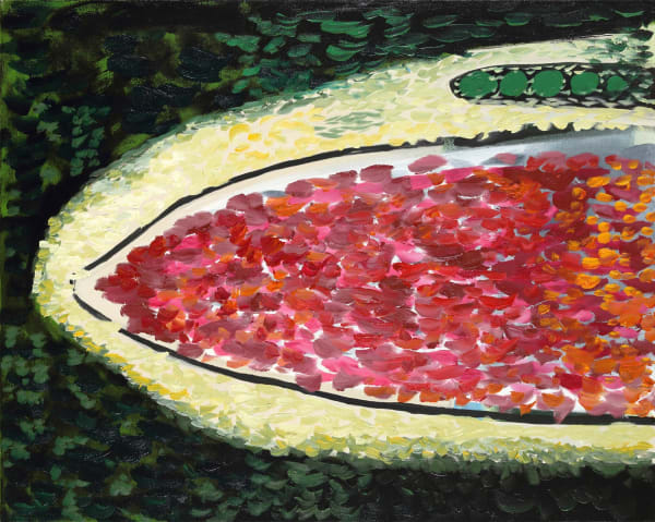 Henrietta Dubrey abstract oil on canvas painting of a pond-like composition, painted with gestural brushstrokes in colours green and red