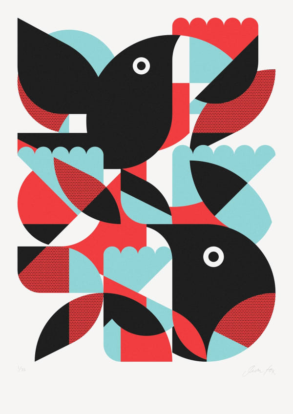 Jim Fox silkscreen print of two black bird flying towards one another, with abstracted shapes in pink, green and black