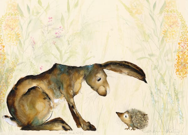 Catherine Rayner original painting of a large hare facing a small hedgehog, surrounded by flora and fauna