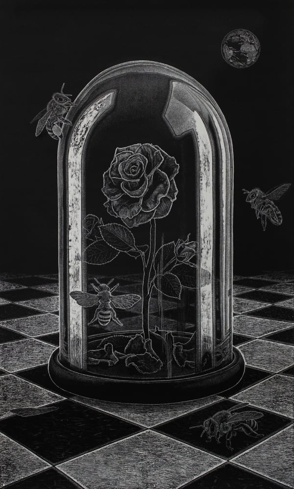 Ade Adesina large black and white print of a rose inside a glass cloche, fallen petals at the bottom and bees buzzing around it on the outside, by Ade Adesina