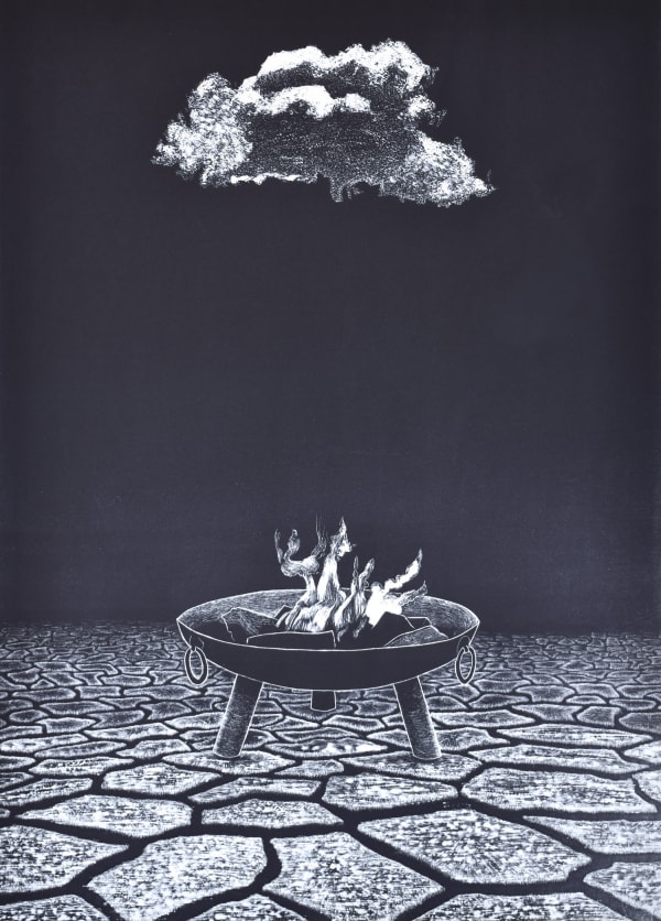 Ade Adesina lithograph a fire is alight in a metal fire bowl standing in a baked and cracked earth landscape, one cloud hangs in the sky