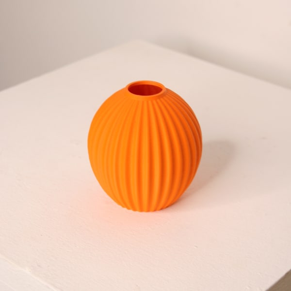 Keeley Traae PLA 3d printed rounded vase with dimensional incised line texture, tangerine
