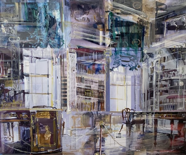 Alison Pullen interior collage of a grand room lined with tall book cases, a desk to the right in front of large windows with heavy curtains in dark green behind.