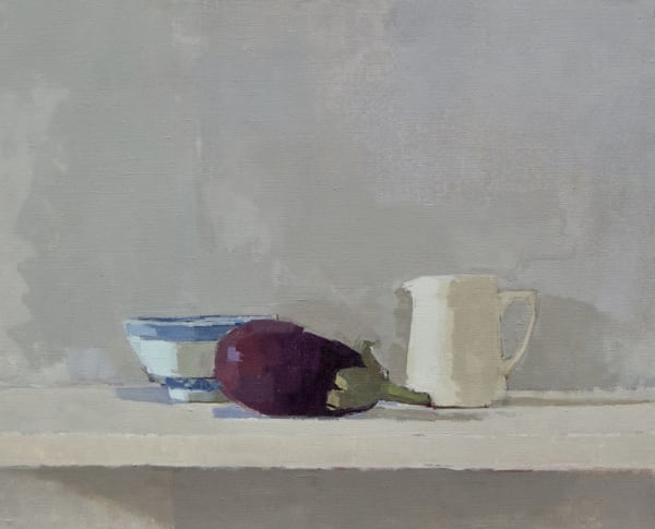 Sarah Spackman still life painting of a group of objects on a shelf in greys