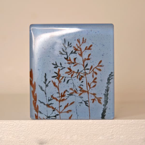 Helen Slater glass mini cast standalone sculpture with drawings of grass stems cast in Sky Blue and opaline glass