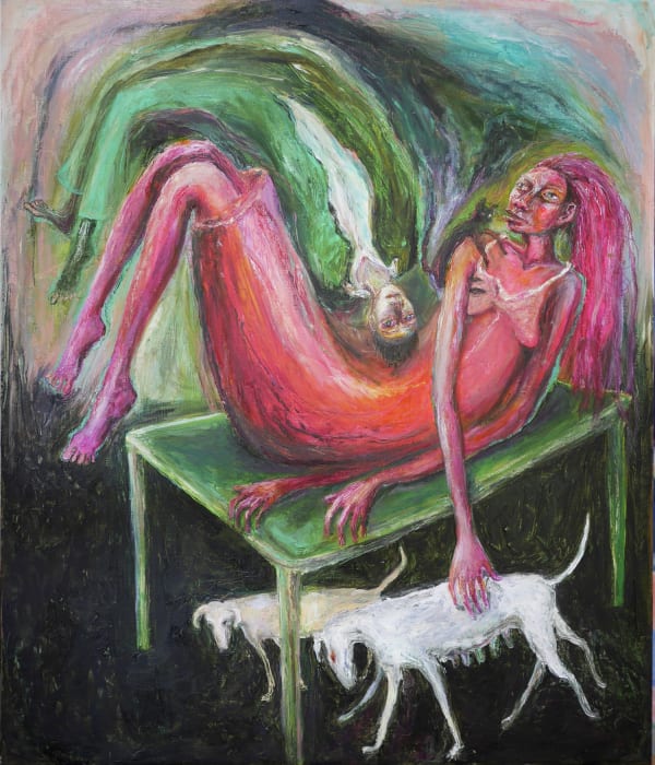 Rebecca Swainston painting of a pink female figure resting on a green table, intertwining with a green male figure and two white dogs beneath them