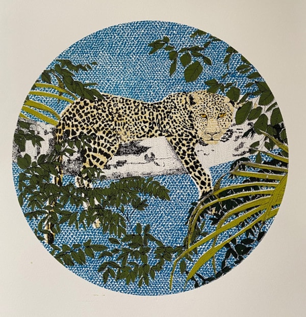 Clare Halifax circular screen print, showing a leopard resting on a tree branch, surrounded by green leaves and plants, a patterned blue sky in the background.