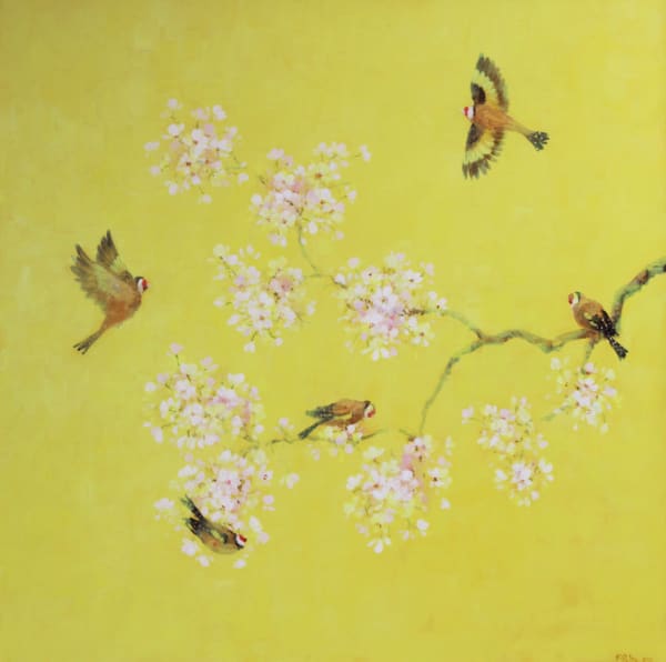 Fletcher Prentice oil painting on canvas of 5 Goldfinches with a branch of Cherry Blossom against a bright yellow background.