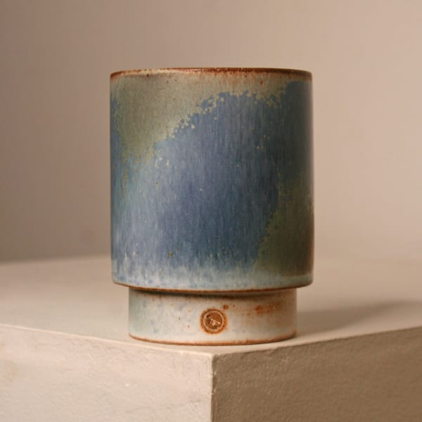 Atilla Olah ceramic yunomi cup in a variety of blue, green, grey and copper glaze colours