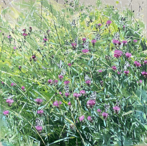 James Fotheringhame oil painting in a photo realism style of marbled white butterflied amongst purple flowered knapp weed