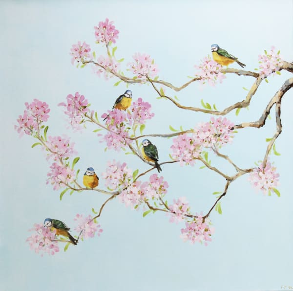 Fletcher Prentice oil on canvas painting. A branch of bloomed cherry blossom is accompanied by five Blue Tits perching amongst it. The background is a pale sky blue.