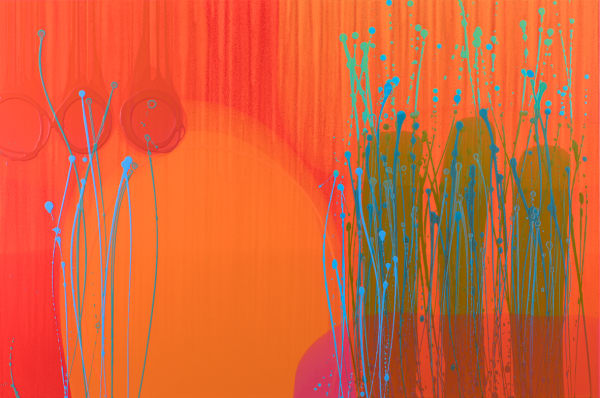 Charlotte Cornish abstract painting showing translucent layers of the colours orange, red, pink, and green