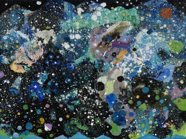 Jim Whitty palette painting, an abstracted night sky in many colours
