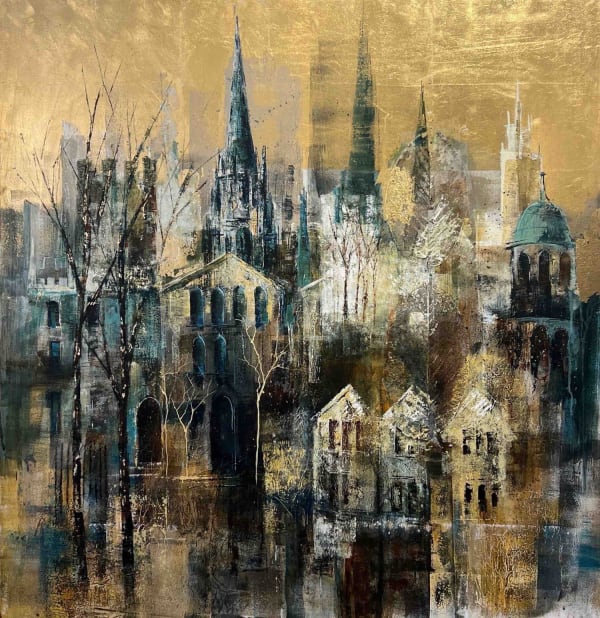 Bee Bartlett mixed media on canvas semi-abstract landscape painting of an Oxford skyline, using gold leaf for the reflective sky