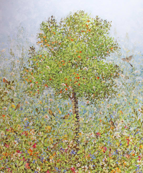 Fletcher Prentice painting of an orange tree laden with fruit in a blooming flower garden