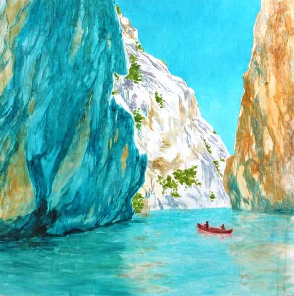 Daniel Ablitt landscape painting, a boat sails between a canyon, the water and sky is bright blue
