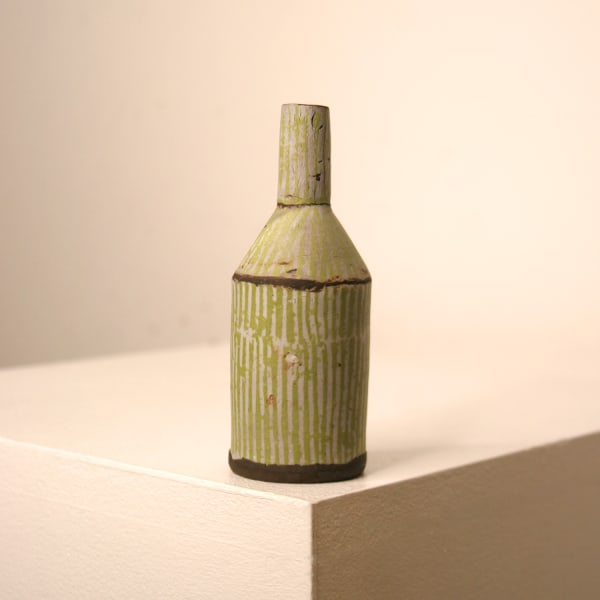 Elly Wall stoneware ceramic bottle vase with sage and white glazed stripes