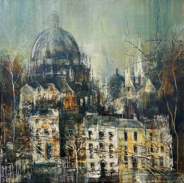 Bee Bartlett mixed media on canvas semi-abstract Oxford landscape showing various college rooftops painted in cool tones