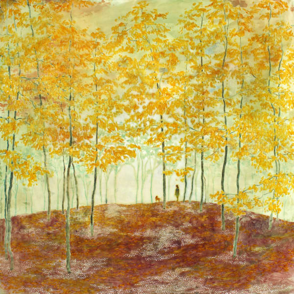Daniel Ablitt painting of an autumnal landscape with a solitary figure standing below yellow trees