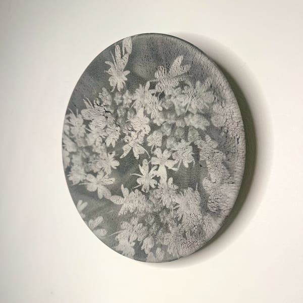 Heidi Harrington black stoneware plate with photo transfer of flowers in black and white