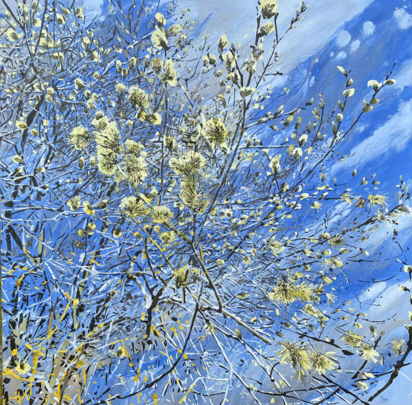 James Fotheringhame oil on linen painting in a photo realism style of honey bees amongst branches of goat willow.