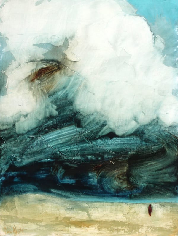 Daniel Ablitt painting of a sotmry sky in white, blues and greys and solitary figure standing beneath