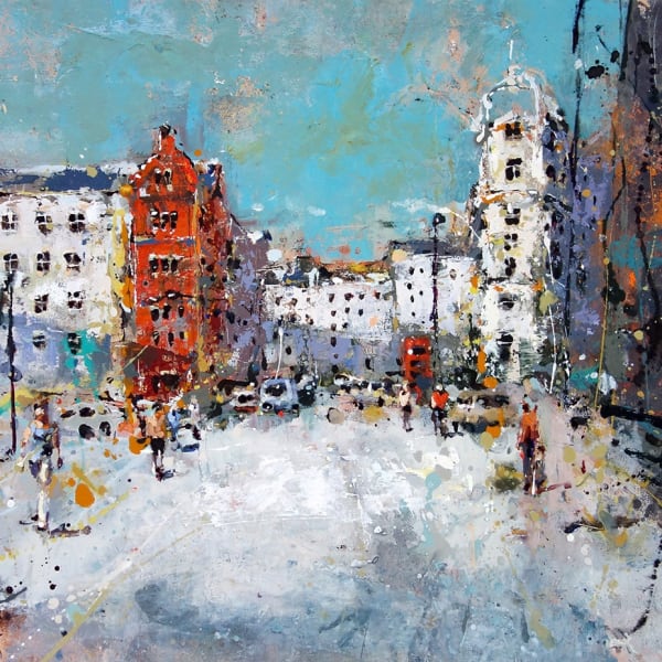 Andrew Hood semi-abstracted landscape in splatter style paint marks of London city