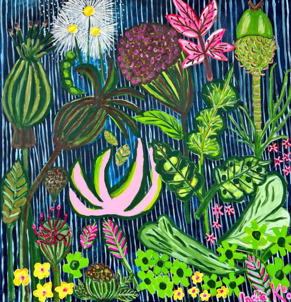 Nadia Koo painting of an array of flora, against a pinstriped navy background