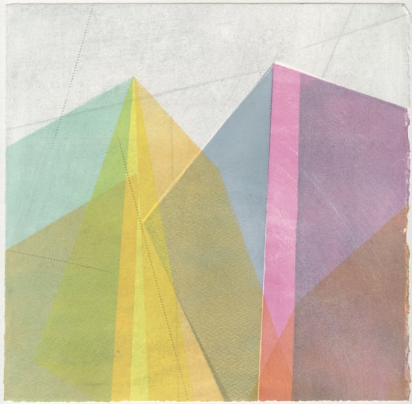 Kate Watkins print displaying an array of overlapping, translucent coloured shapes in pinks, blues, yellows, greens and oranges. Different shapes and shades are formed with each overlap. The backgrounds is a light sage green.