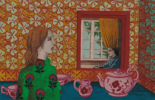 Kate Montgomery colourful painting of a woman in the foreground against a background of yellow, patterned wallpaper. A girl can be seen through an opening in the wall, seated at a table.