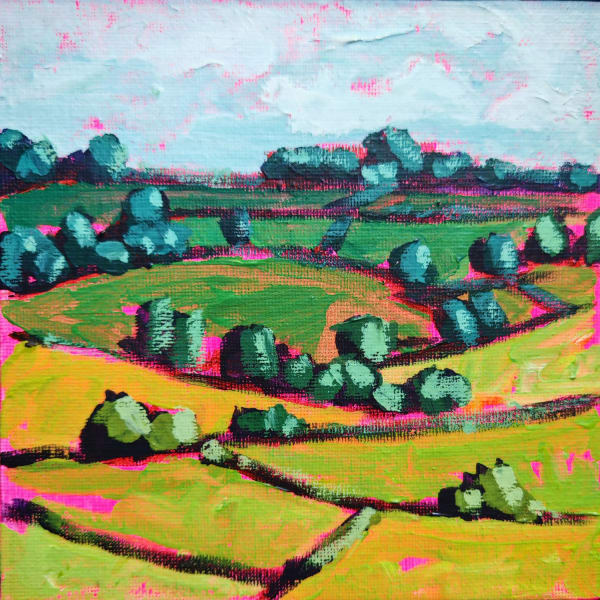 Belinda Millar small square landscape painting showing the green and golden rolling hills of oxford, with a neon pink under colour