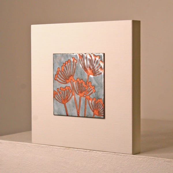 Janine Partington wooden panel with copper plate and vitreous enamel design of elderflower stems