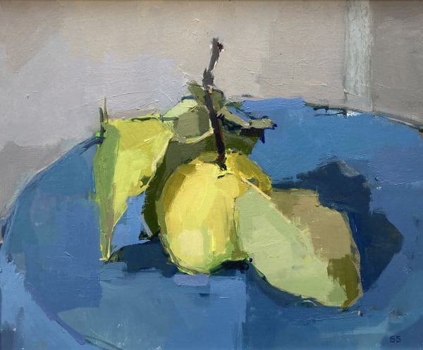 Sarah Spackman figurative still life painting of a quince fruit with its stalk and two large green leaves still attached. The rounded surface is painted a mixture of blues and steel greys while the background in pale grey.