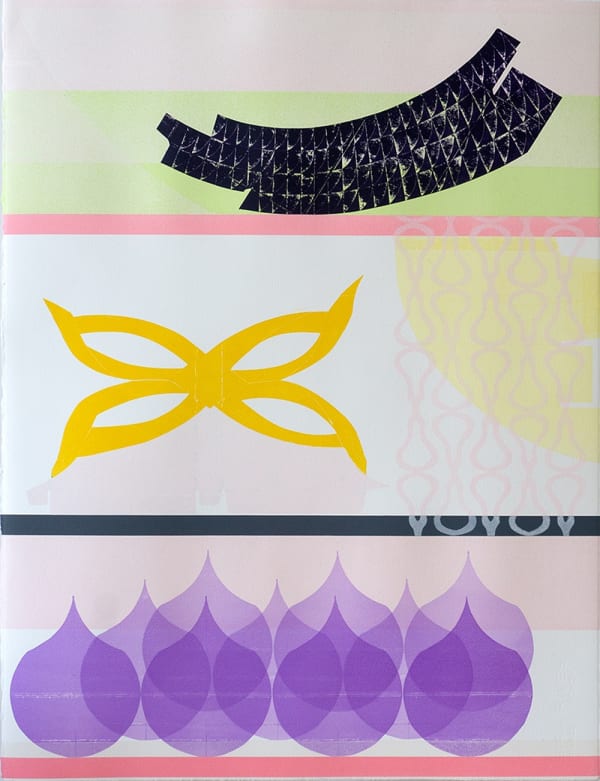 Claire Willberg relief print showing silhouettes of various objects found in Discover Bucks Museum, all displayed on a shelving unit. Printed in colours of baby pinks, purple, yellow and black.