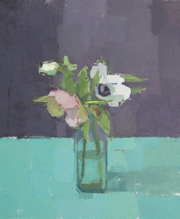 Sarah Spackman still life painting of a bottle of anemonies on a green and grey background