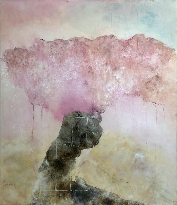 Natalie Moisy mineral pigment and silver leaf on panel piece, showing an abstract view of a blossom tree in pale and rich pinks.