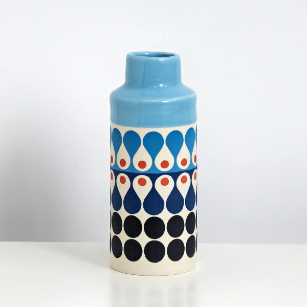 MapMap ceramic cone bottle vase with scandi-inspired stencil design in blue, black and red