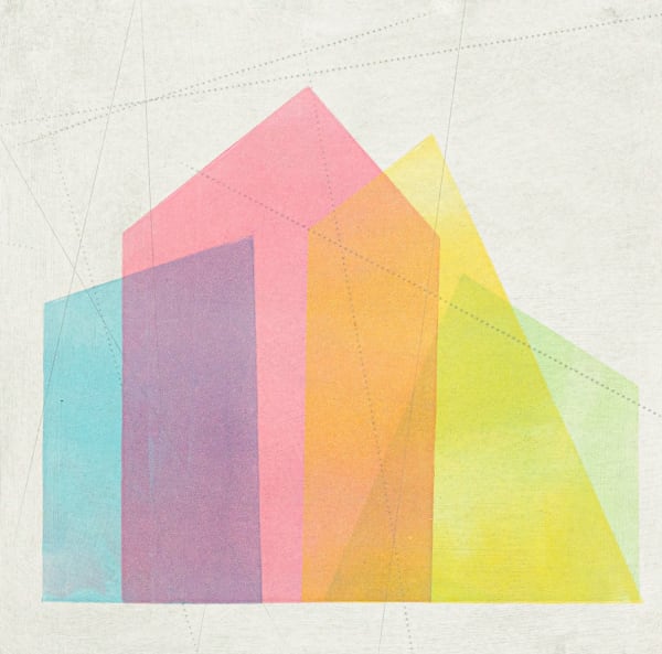 Kate Watkins print of four pentagons overlapping one another, in baby blues, pinks, yellow and green on a light sage green background.