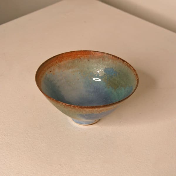 Atilla Olah ceramic mini bowl in a variety of blue, green, grey and copper glaze colours