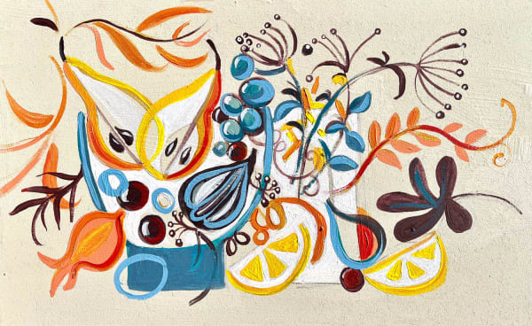 Marissa Weatherhead small acrylic on board study of an array of fruit and foliage, in autumnal colours blue, orange, yellow and green