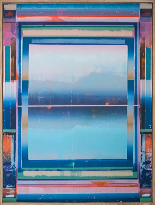 Angus Vasili screen print collage of a mountainous abstracted landscape in colours, pink blue and orange