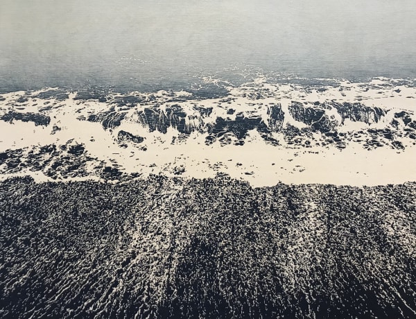 Trevor Price woodcut print detailing the waves and shoreline in St. Ives