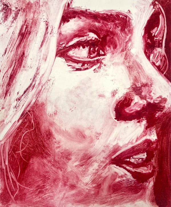 Erin Rosalie Thomas magenta and white monoprint on paper of a zoomed in face, showing the subject looking to the right hand side